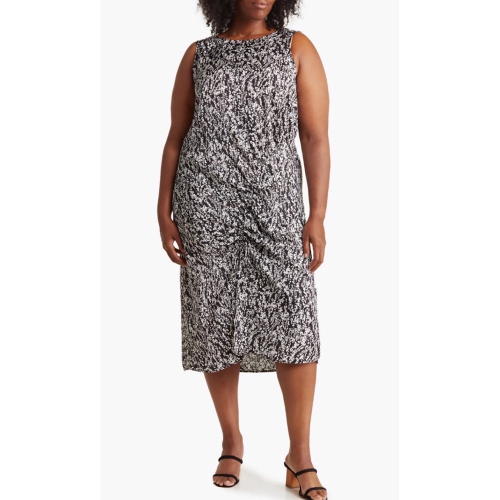 NORDSTROM RACK Shirred Trailing Vines Black Satin Dress (Plus), 1X